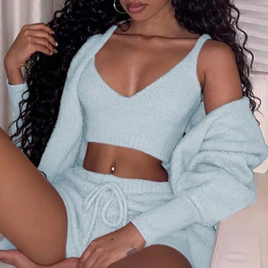 Womens Long Sleeve Crop Tank Top And Drawstring Shorts Pajama Set