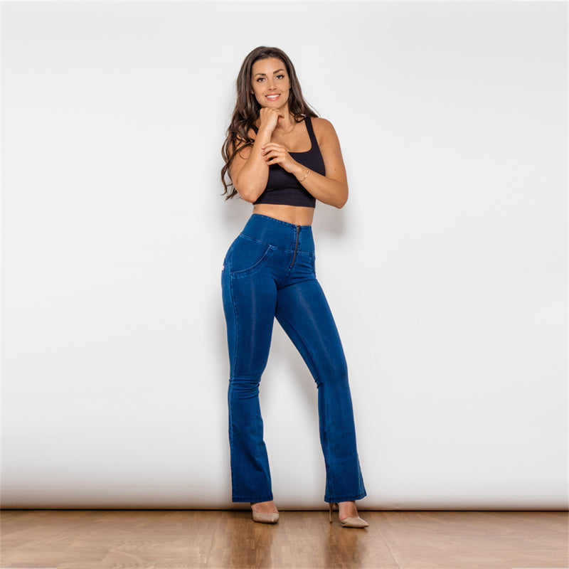 Damen High-Waist Flared Dunkelblaue Stretch-Jeans