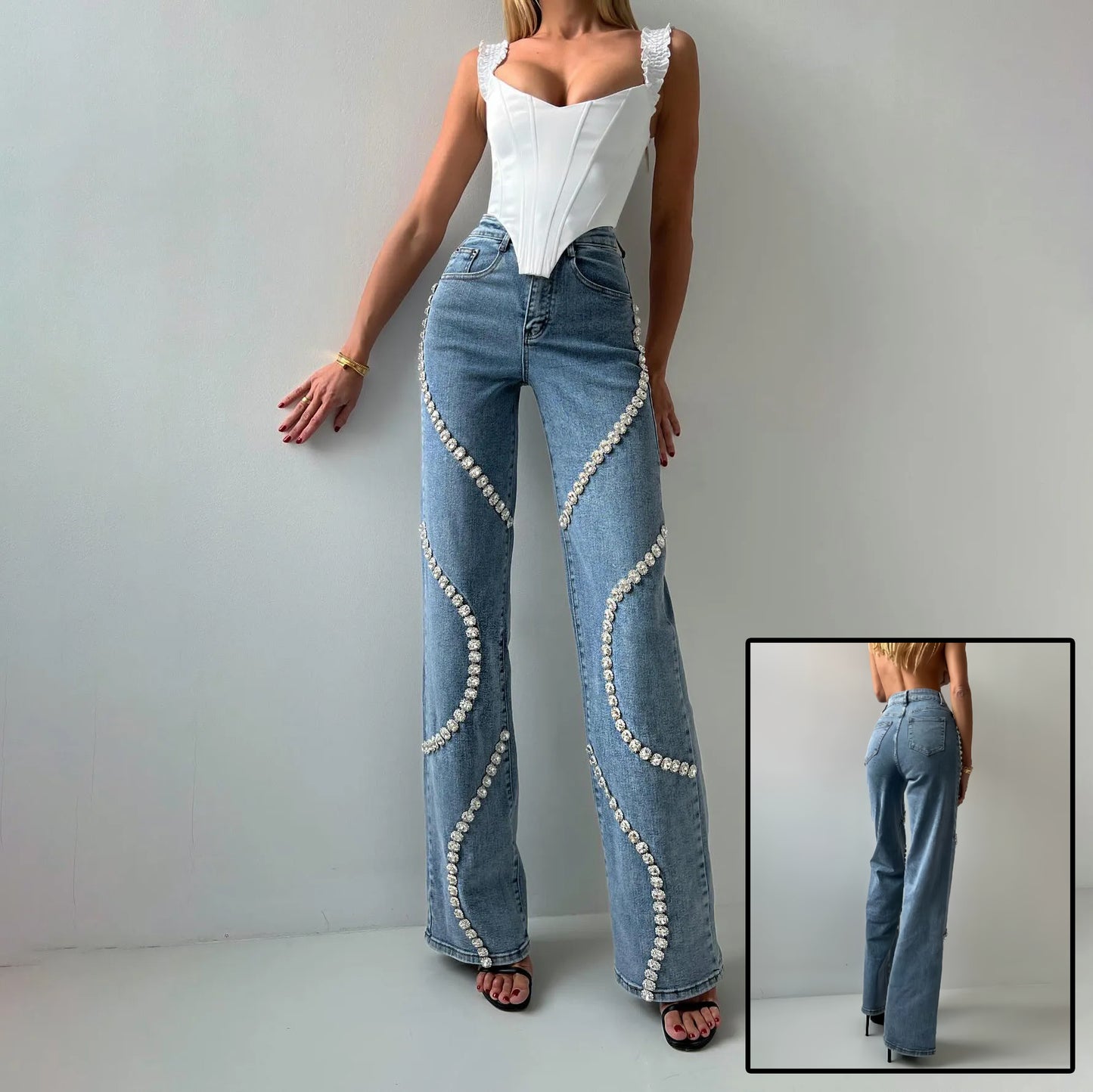 Fashionable Straight Leg Jeans na May Rhine Stone Denim na Disenyo