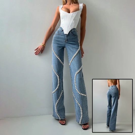 Fashionable Straight Leg Jeans With A Rhine Stone Denim Design