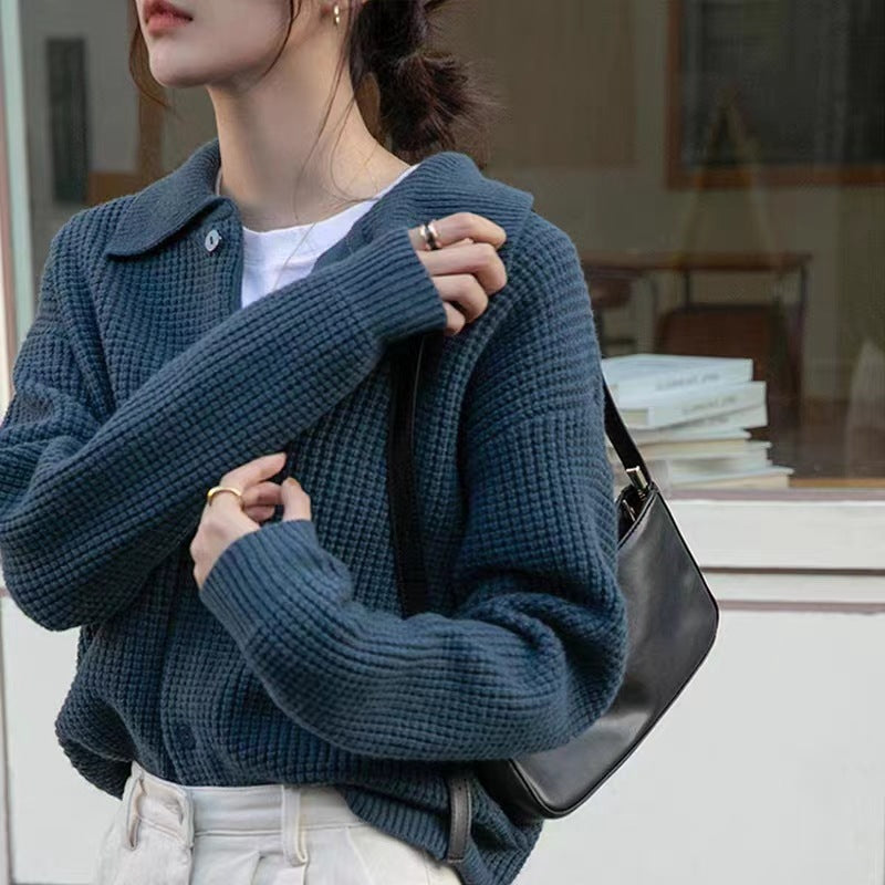 Retro Style Polo Collar Solid Color Loose-fitting Versatile Sweater Knitted Cardigan