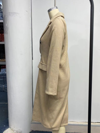 Manteau à revers à manches longues mode hiver solide double boutonnage mince longue veste vêtements pour femmes