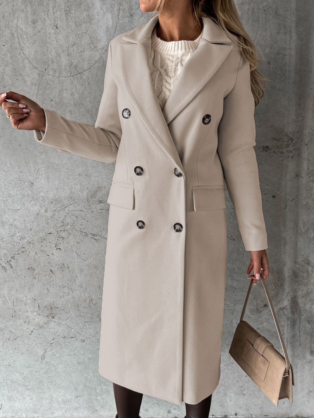 Manteau à revers à manches longues mode hiver solide double boutonnage mince longue veste vêtements pour femmes