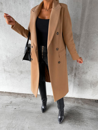 Long Sleeve Lapel Coat Winter Fashion Solid Double Breasted Slim Long Jacket Womens Clothing