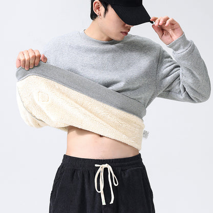 Winter Fleece Sweatshirt Warm Round Neck Pullover Top For Men Solid Color Sweater Boys Teenagers Clothing