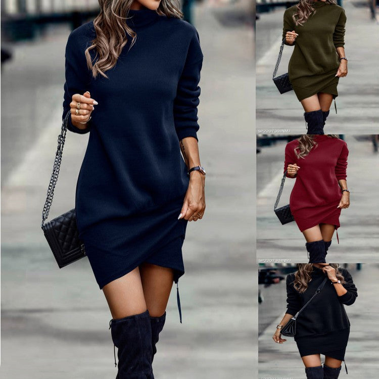 Long Sleeve High Neck Cross Short Dress