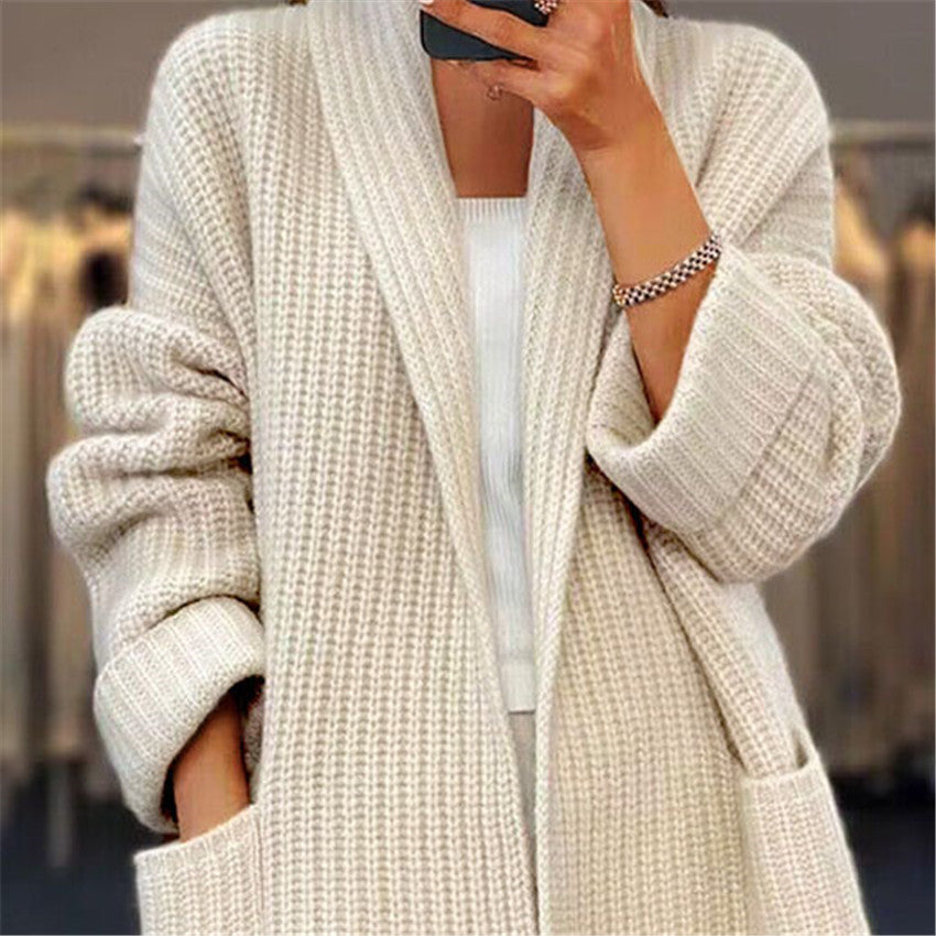 Lapel Knitted Cardigan na may mga bulsa