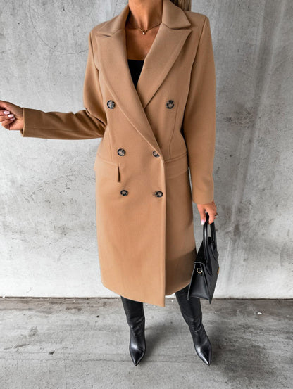 Long Sleeve Lapel Coat Winter Fashion Solid Double Breasted Slim Long Jacket Womens Clothing