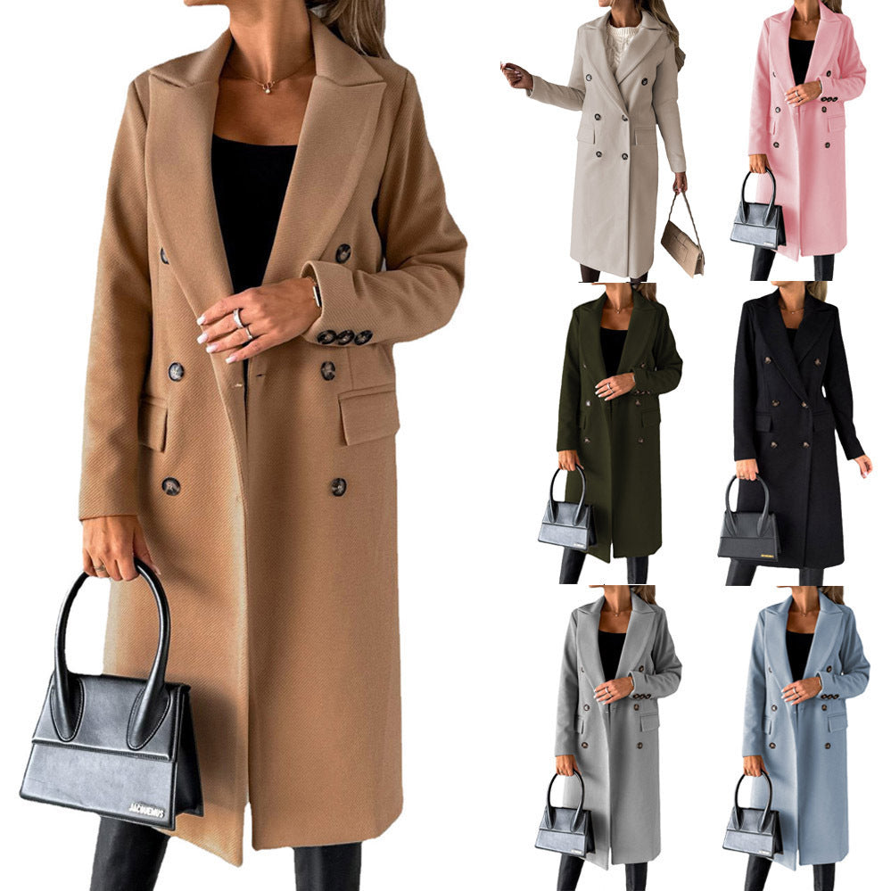 Long Sleeve Lapel Coat Winter Fashion Solid Double Breasted Slim Long Jacket Pambabaeng Damit